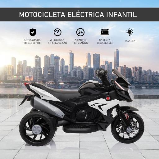Moto Eléctrica Infantil con 3 Ruedas Trimoto para Niños de +3 Años con Batería 6V Recargable Funciones de Música Bocina Faros 86x42x52 cm Negro y Blanco [5]