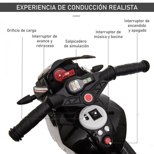 Moto Eléctrica Infantil con 3 Ruedas Trimoto para Niños de +3 Años con Batería 6V Recargable Funciones de Música Bocina Faros 86x42x52 cm Negro y Blanco [2]