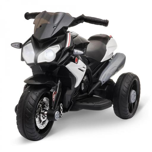 Moto Eléctrica Infantil con 3 Ruedas Trimoto para Niños de +3 Años con Batería 6V Recargable Funciones de Música Bocina Faros 86x42x52 cm Negro y Blanco [1]