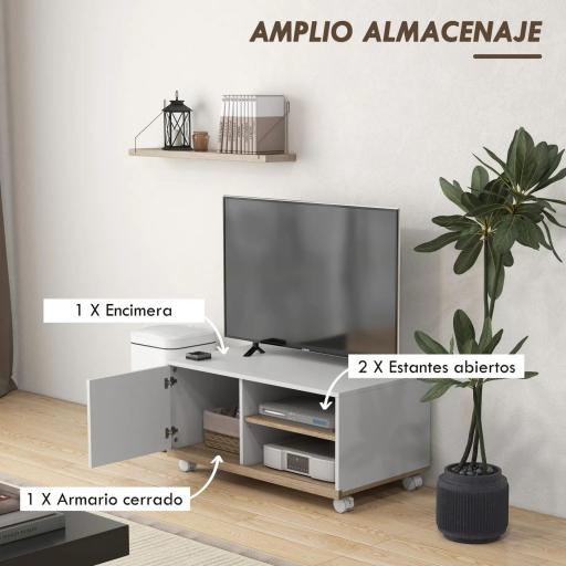 Mueble TV con Ruedas Mueble de Salón Mesa para Televisores de 42" con Puerta y 2 Estantes 80x45x39,5 cm Blanco [3]