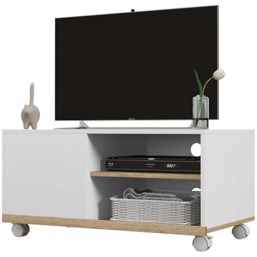 Mueble TV con Ruedas Mueble de Salón Mesa para Televisores de 42" con Puerta y 2 Estantes 80x45x39,5 cm Blanco [8]
