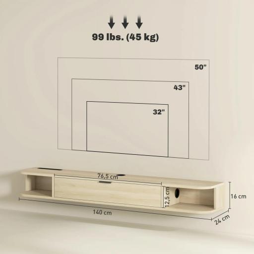 Mueble de TV Suspendido con Cajón Abatible 2 Estantes Abiertos Gestión de Cables 140x24x16 cm Madera Natural [1]
