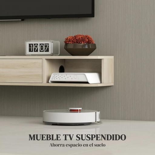 Mueble de TV Suspendido con Cajón Abatible 2 Estantes Abiertos Gestión de Cables 140x24x16 cm Madera Natural [2]