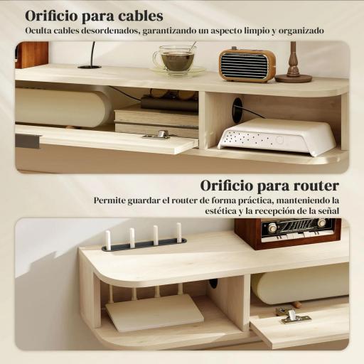 Mueble de TV Suspendido con Cajón Abatible 2 Estantes Abiertos Gestión de Cables 140x24x16 cm Madera Natural [4]