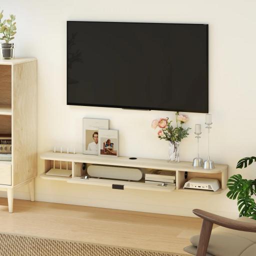 Mueble de TV Suspendido con Cajón Abatible 2 Estantes Abiertos Gestión de Cables 140x24x16 cm Madera Natural [6]