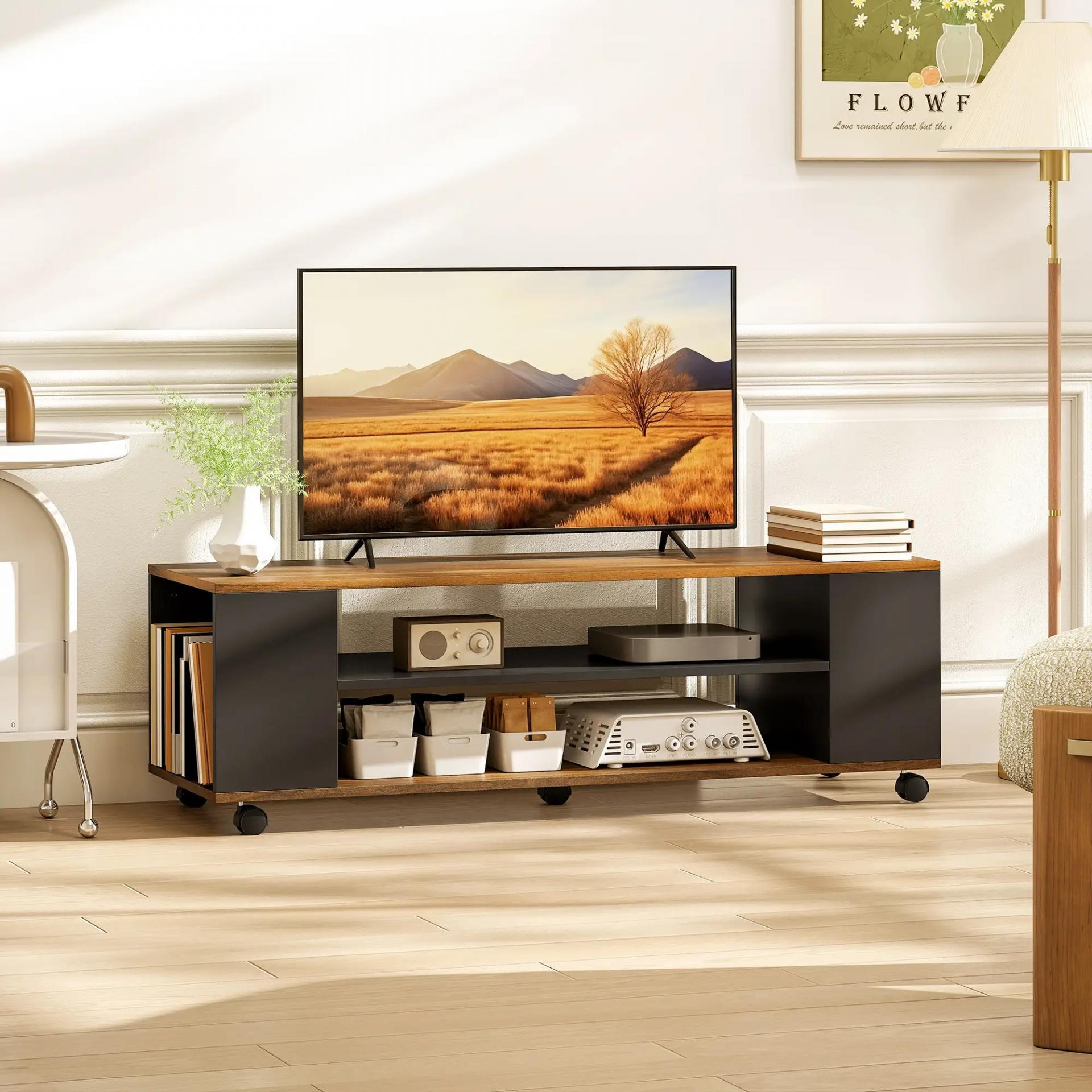 Mueble de TV Suspendido o de Pie con Ruedas 4 Estantes para Televisión de 55 Pulgadas 120x40x38,5 cm Nogal y Negro