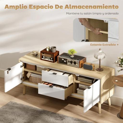 Mueble de TV Moderno de 2 Puertas 2 Cajones Orificios y Estantes Extraíbles 120x35x50 cm Blanco Brillo y Roble [3]
