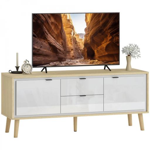 Mueble de TV Moderno de 2 Puertas 2 Cajones Orificios y Estantes Extraíbles 120x35x50 cm Blanco Brillo y Roble [8]