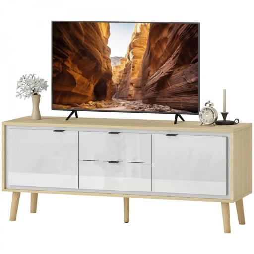 Mueble de TV Moderno de 2 Puertas 2 Cajones Orificios y Estantes Extraíbles 120x35x50 cm Blanco Brillo y Roble [9]