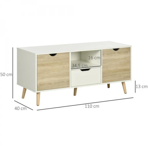 Mueble de TV con Cajón y 2 Puertas para Televisores de hasta 50" 110x40x50 cm Blanco y Madera Natural [1]