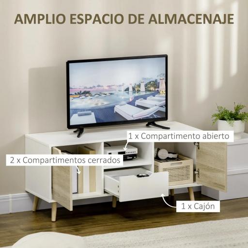 Mueble de TV con Cajón y 2 Puertas para Televisores de hasta 50" 110x40x50 cm Blanco y Madera Natural [3]
