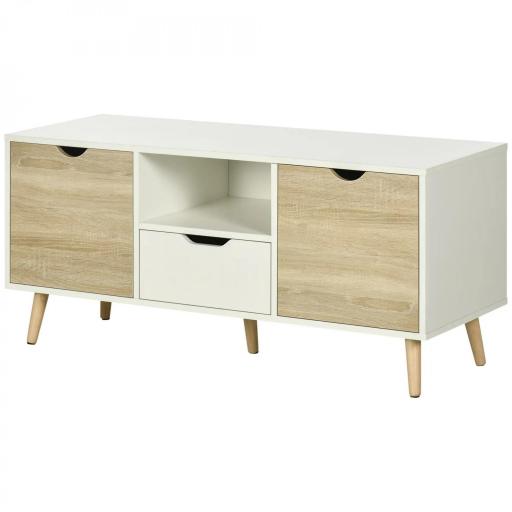 Mueble de TV con Cajón y 2 Puertas para Televisores de hasta 50" 110x40x50 cm Blanco y Madera Natural [8]