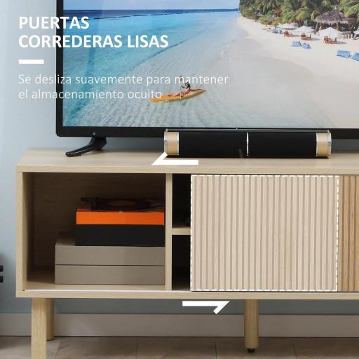 Mesa de TV con Puertas Correderas Estantes Abiertos Orificios para Cables para Televisión hasta 50 Pulgadas Natural [5]