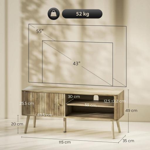 Mesa de TV con Puerta Estante Ajustable Compartimentos Abiertos y Orificio para Televisión hasta 55 Pulgadas Roble [1]