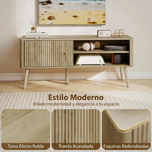 Mesa de TV con Puerta Estante Ajustable Compartimentos Abiertos y Orificio para Televisión hasta 55 Pulgadas Roble [4]