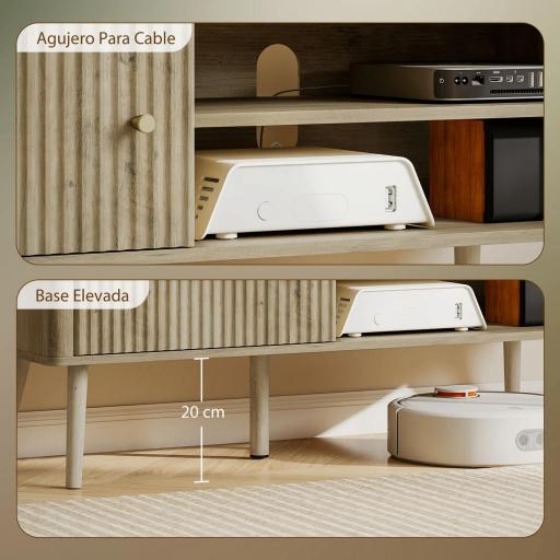 Mesa de TV con Puerta Estante Ajustable Compartimentos Abiertos y Orificio para Televisión hasta 55 Pulgadas Roble [6]