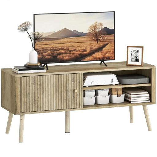 Mesa de TV con Puerta Estante Ajustable Compartimentos Abiertos y Orificio para Televisión hasta 55 Pulgadas Roble [8]