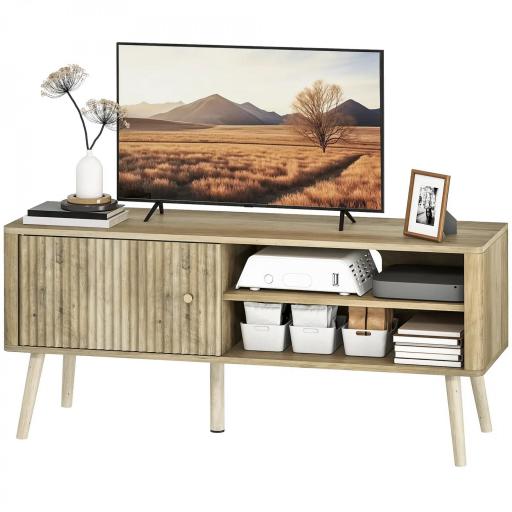 Mesa de TV con Puerta Estante Ajustable Compartimentos Abiertos y Orificio para Televisión hasta 55 Pulgadas Roble [9]