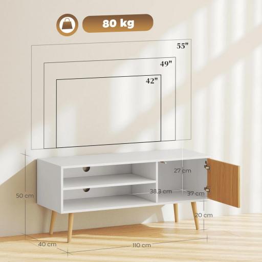 Mueble de TV con 2 Compartimentos Orificio para Cables para Televisión de 55 Pulgadas 110x40x50 cm Blanco y Natural [1]