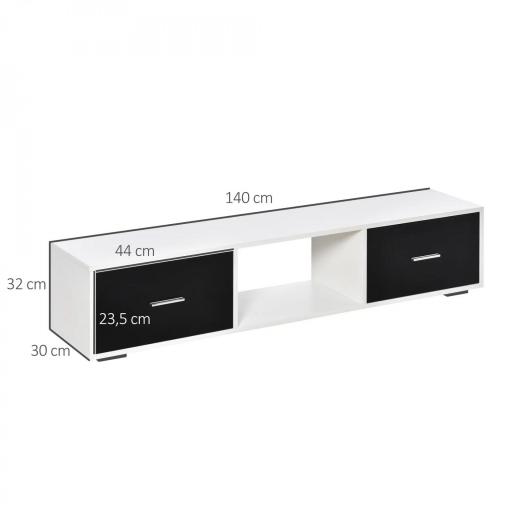 Mueble de TV para Televisores de hasta 60" Mesa para TV de Salón Estilo Moderno con 2 Cajones y Compartimento Abierto 140x30x32 cm Blanco y Negro [1]