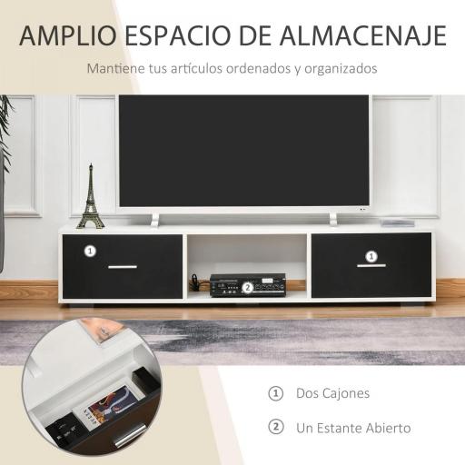 Mueble de TV para Televisores de hasta 60" Mesa para TV de Salón Estilo Moderno con 2 Cajones y Compartimento Abierto 140x30x32 cm Blanco y Negro [3]
