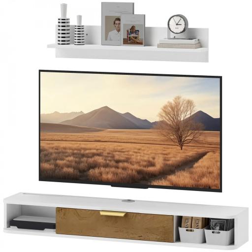 Conjunto Mueble TV y Estante de Pared con Armario y Compartimentos Abiertos Organización de Espacio y Montaje en Pared [7]