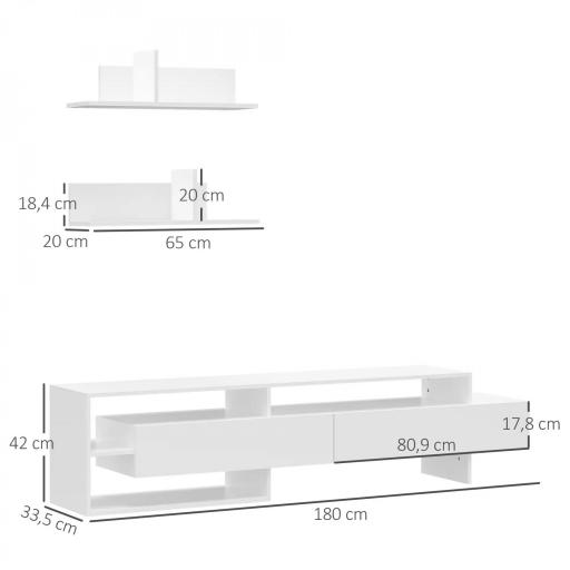 Mueble de Salón para TV con Mesa para Televisor 180x33,5x42 cm y 2 Estantes de Pared 65x20x20 cm Blanco [1]