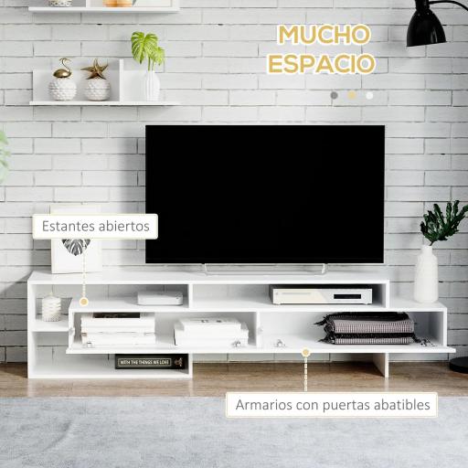 Mueble de Salón para TV con Mesa para Televisor 180x33,5x42 cm y 2 Estantes de Pared 65x20x20 cm Blanco [3]