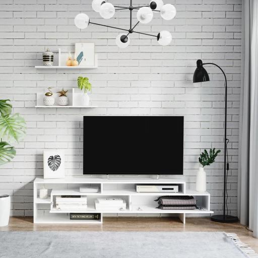 Mueble de Salón para TV con Mesa para Televisor 180x33,5x42 cm y 2 Estantes de Pared 65x20x20 cm Blanco [6]