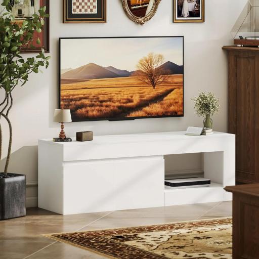 Mueble de TV Moderno para Salón con 2 Puertas Estante Abierto para Televisión 60 Pulgadas 140x40x48 cm Blanco [6]