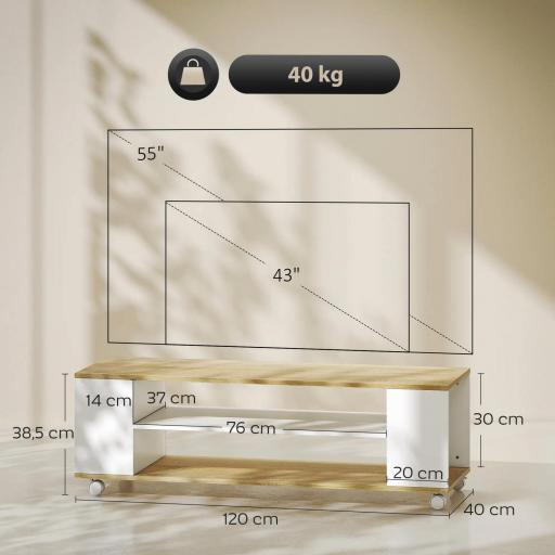Mueble de TV Flotante y Ruedas con 2 Estantes para Televisores de hasta 55 Pulgadas 120x40x38,5 cm Blanco [1]