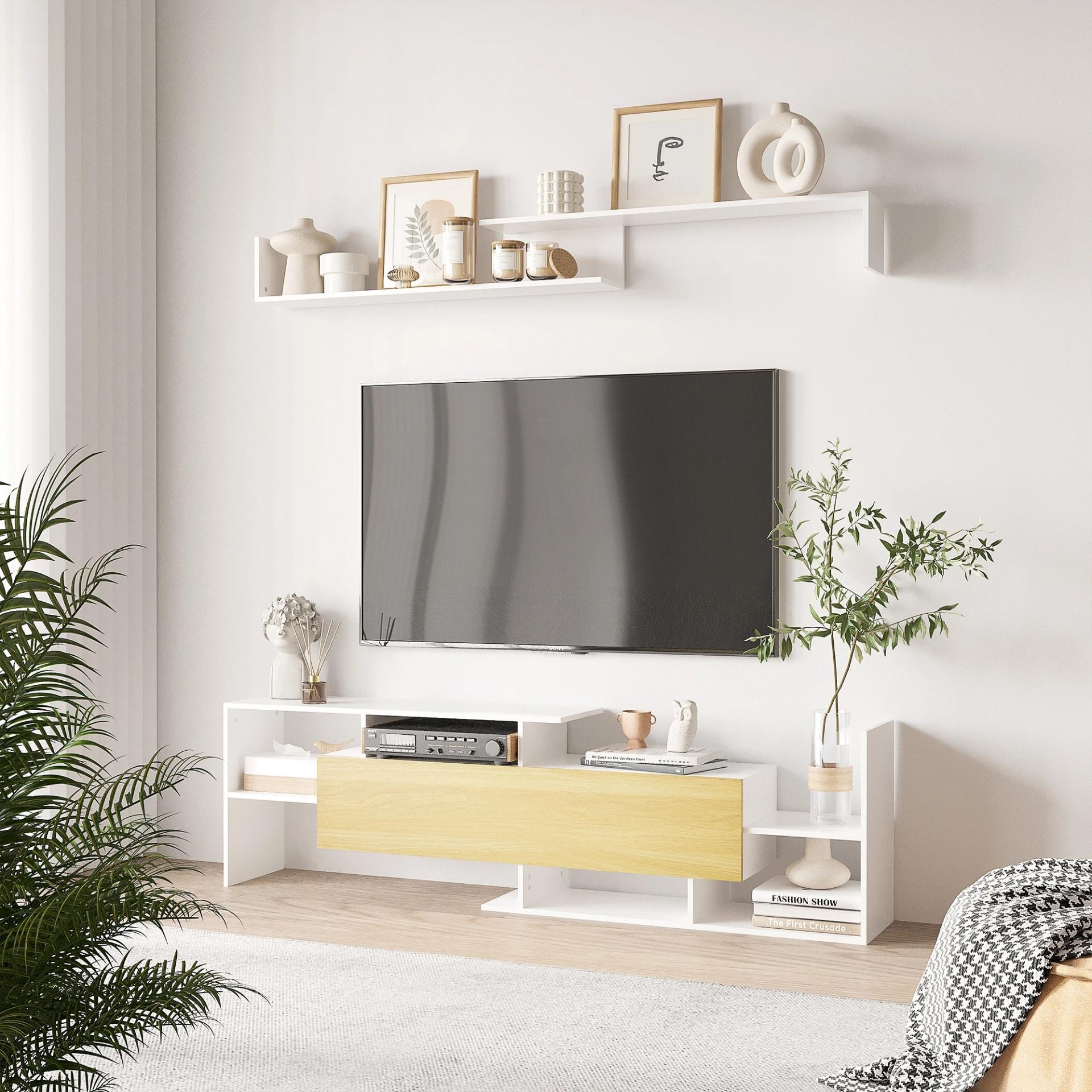 Mueble de Salón para TV Conjunto Muebles de TV 153,6x25x42cm y Estante de Pared 150x14,5x16,3cm Blanco y Natural