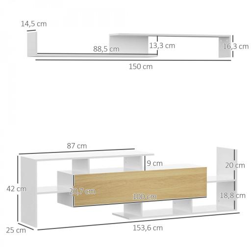Mueble de Salón para TV Conjunto Muebles de TV 153,6x25x42cm y Estante de Pared 150x14,5x16,3cm Blanco y Natural [1]