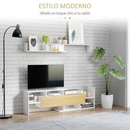 Mueble de Salón para TV Conjunto Muebles de TV 153,6x25x42cm y Estante de Pared 150x14,5x16,3cm Blanco y Natural [3]