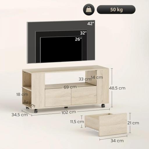 Mueble de TV con Ruedas para Televisión hasta 42 Pulgadas con 2 Cajones Estantes Ajustables Madera Natural [1]