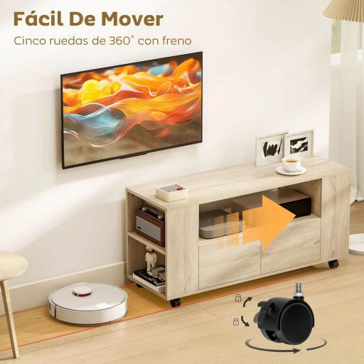 Mueble de TV con Ruedas para Televisión hasta 42 Pulgadas con 2 Cajones Estantes Ajustables Madera Natural [4]