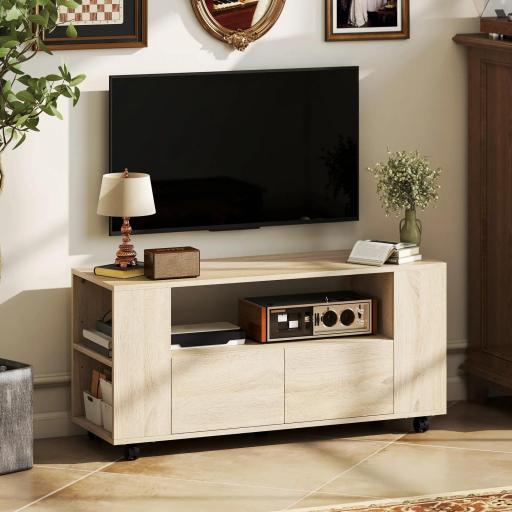 Mueble de TV con Ruedas para Televisión hasta 42 Pulgadas con 2 Cajones Estantes Ajustables Madera Natural [6]