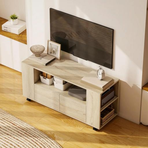Mueble de TV con Ruedas para Televisión hasta 42 Pulgadas con 2 Cajones Estantes Ajustables Madera Natural [8]