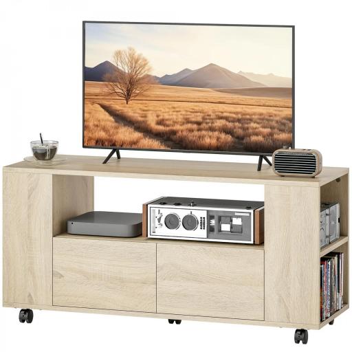 Mueble de TV con Ruedas para Televisión hasta 42 Pulgadas con 2 Cajones Estantes Ajustables Madera Natural [10]