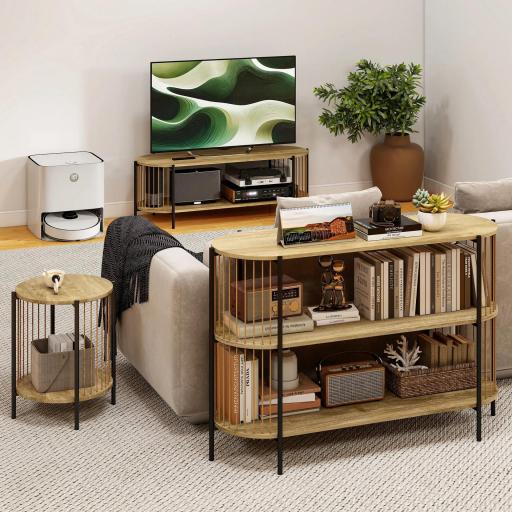 Mueble de TV Estilo Bohemio hasta 55 Pulgadas con Diseño en Cuerda de Papel y 2 Estantes Abiertos 124x43,5x41 cm Natural [6]