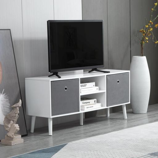 Mueble de TV para Televisores de hasta 50" con 2 Cajones de Tela y Estantes Abiertos110x29x46,5 cm Blanco y Gris
