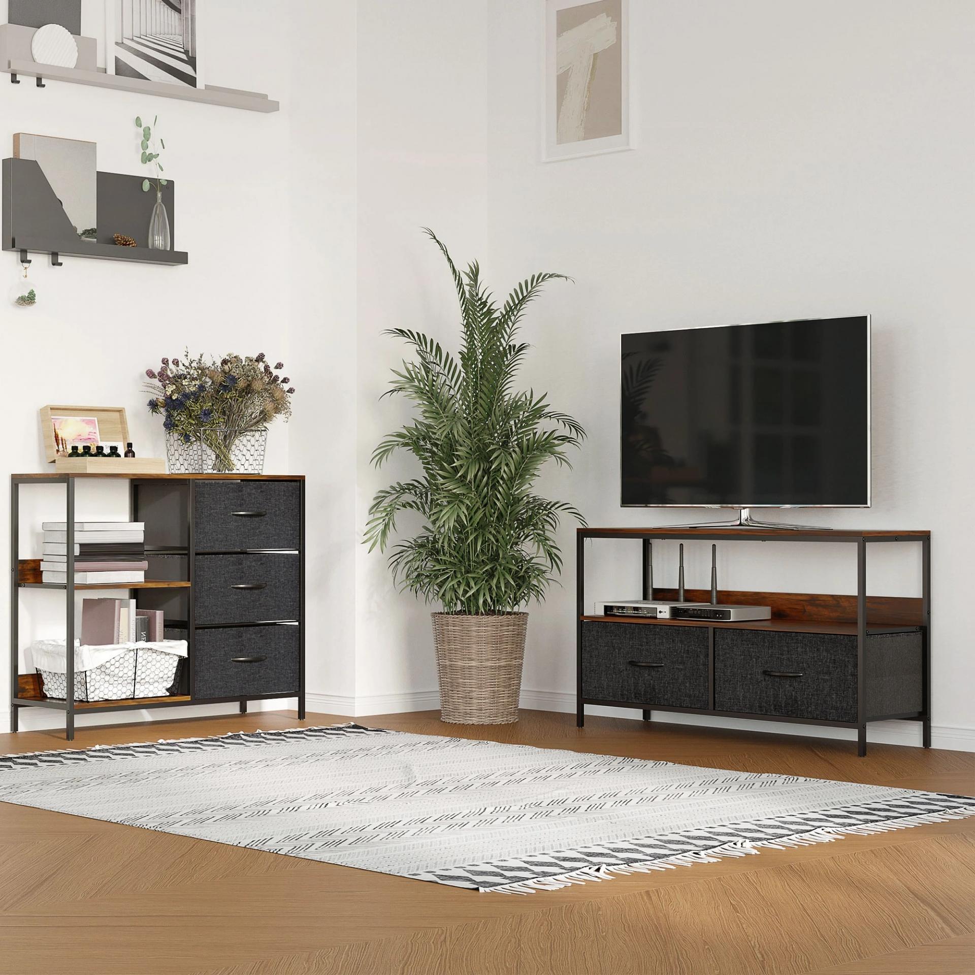 Mueble de TV, Mesa de TV con Estante y 2 Cajones de Tela Plegables, para Televisores hasta 47 Pulgadas, Largo de 98 cm, para Salón, Dormitorio, Marrón Rústico y Negro