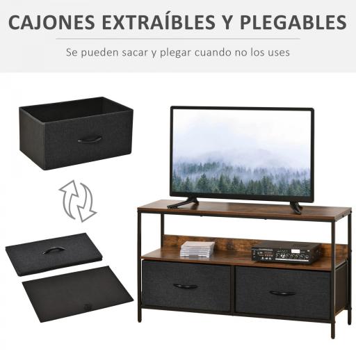 Mueble de TV, Mesa de TV con Estante y 2 Cajones de Tela Plegables, para Televisores hasta 47 Pulgadas, Largo de 98 cm, para Salón, Dormitorio, Marrón Rústico y Negro [2]