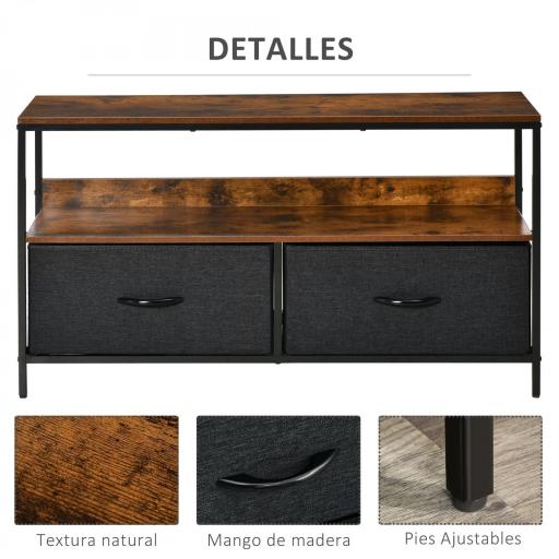 Mueble de TV, Mesa de TV con Estante y 2 Cajones de Tela Plegables, para Televisores hasta 47 Pulgadas, Largo de 98 cm, para Salón, Dormitorio, Marrón Rústico y Negro [4]