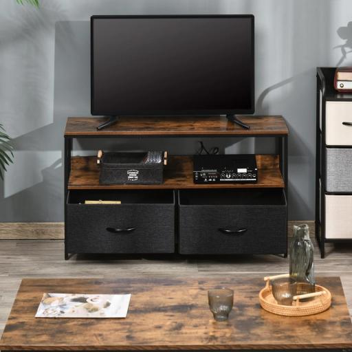 Mueble de TV, Mesa de TV con Estante y 2 Cajones de Tela Plegables, para Televisores hasta 47 Pulgadas, Largo de 98 cm, para Salón, Dormitorio, Marrón Rústico y Negro [5]