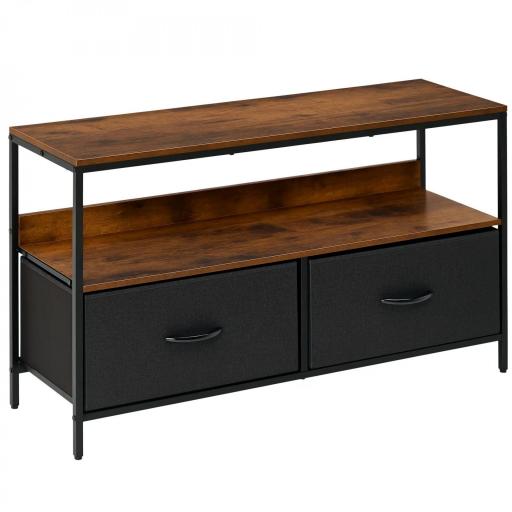Mueble de TV, Mesa de TV con Estante y 2 Cajones de Tela Plegables, para Televisores hasta 47 Pulgadas, Largo de 98 cm, para Salón, Dormitorio, Marrón Rústico y Negro [8]
