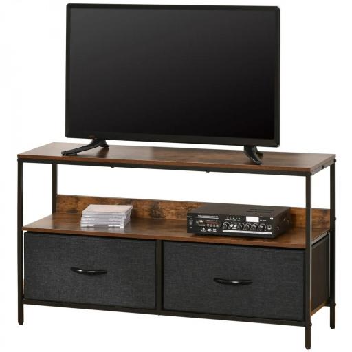Mueble de TV, Mesa de TV con Estante y 2 Cajones de Tela Plegables, para Televisores hasta 47 Pulgadas, Largo de 98 cm, para Salón, Dormitorio, Marrón Rústico y Negro [9]