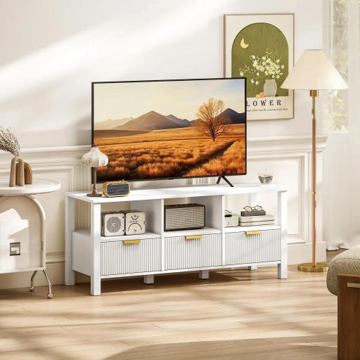 Mueble de TV Moderno con 3 Cajones y 3 Estantes Abiertos para Televisión 43-55 Pulgadas 120x39,5x50 cm Blanco