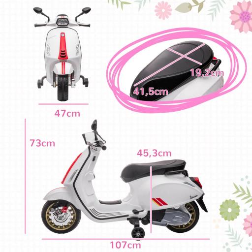 Moto Eléctrica para Niños de +3 Años con Licencia Vespa con USB MP3 Luz LED Radio FM Velocidad 3 km/h Carga 35kg Blanco [7]