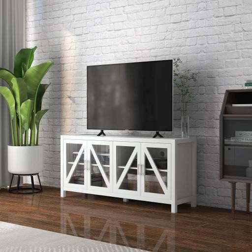 Mueble TV de Salón Mesa para Televisores de hasta 58" con 4 Puertas de Vidrio Estantes Ajustables 130x35x60 cm Blanco